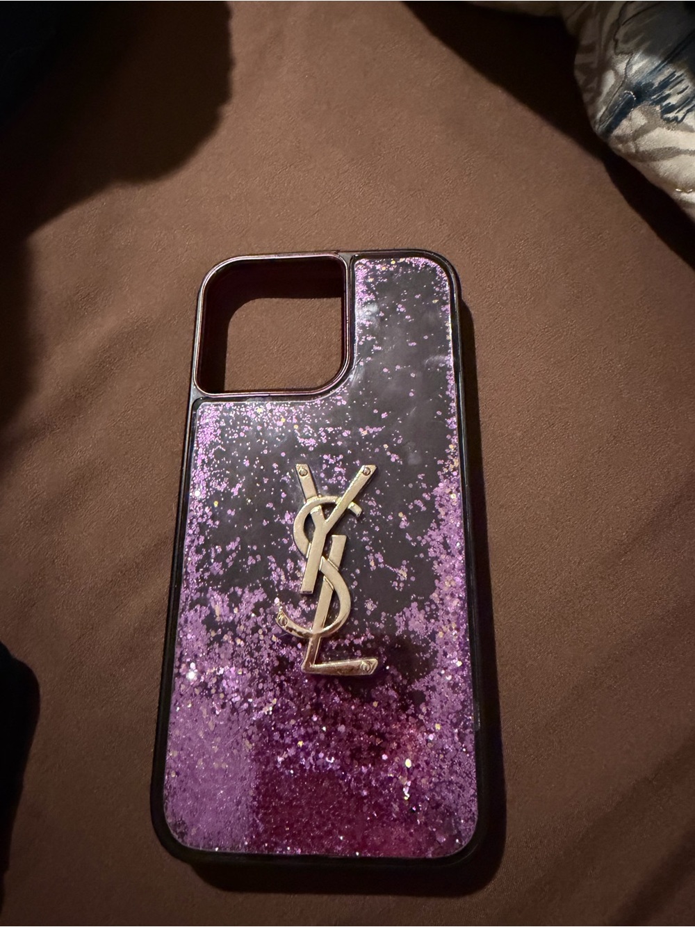 Yves Saint Laurent Purple Glitter iPhone Case with Gold Logo Accent 16 plusmax